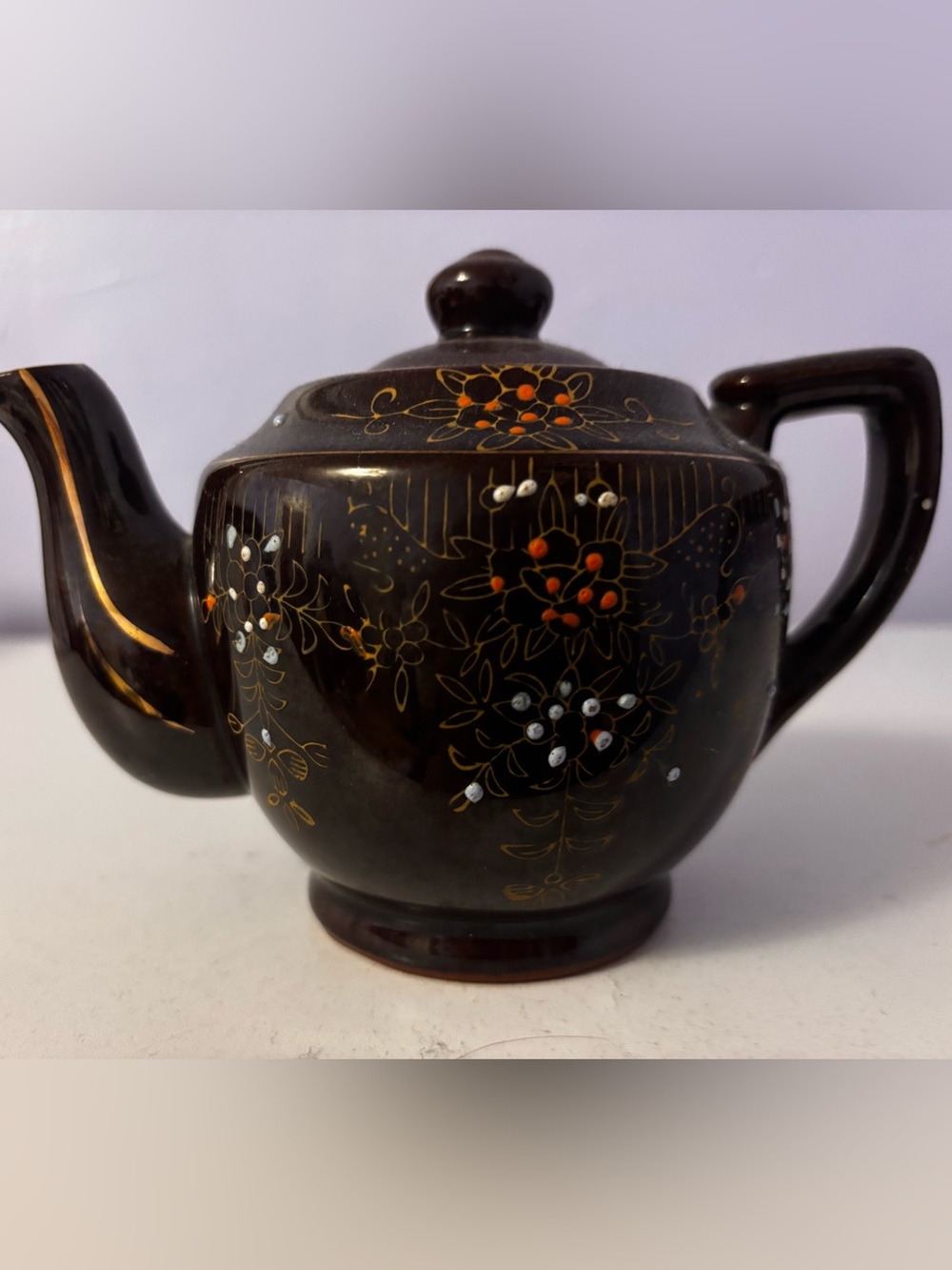 Dark Brown Floral Ceramic Teapot with Gold and White Accents